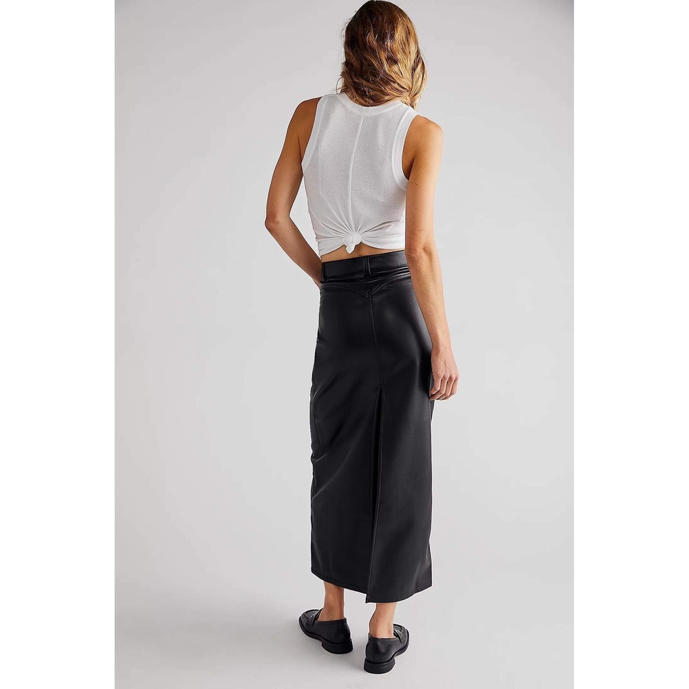 Free People City Slicker Vegan Leather Maxi Skirt Black High Back Slit SZ 2 NWT - Picture 2 of 13